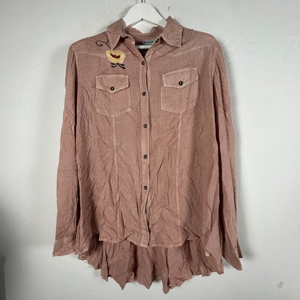 Nostalgia Womens XL Pink Button-Up Shirt Long Sleeve Floral Embroidery High-Low